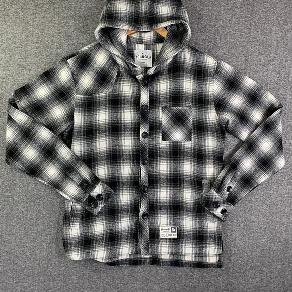 Youngla Flannel Shacket Men Large Hoodie Plaid Button Up Soft Shirt Jacket Wool - Picture 1 of 10